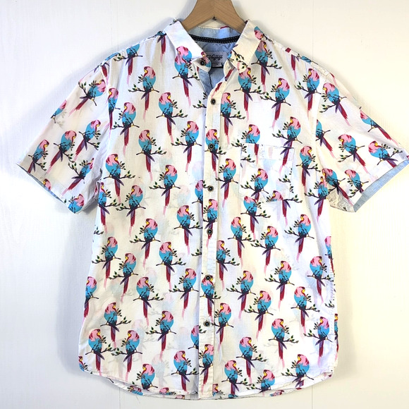Craft+Flow Voyage Shirt Men’s L White Tropical Parrot Print Button Front Casual - Picture 2 of 12